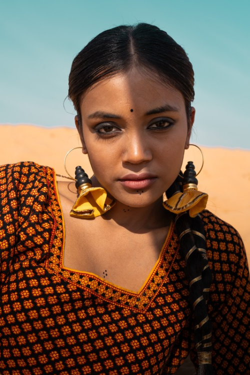 'Kabbish 'Bhavai-Swang Hoop Yellow Earring' Black Pottery, Terracotta'