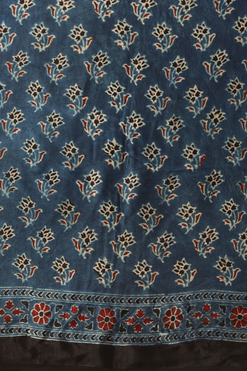 Tenaaro Ajrakh Hand Block Printed  Modal Sik Saree (Indigo Blue-13)