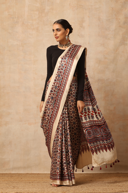 Tenaaro Ajrakh Hand Block Printed  Modal Sik Saree  (Offwhite-17)