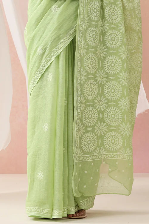 Shwet Women Hand Embroidered Light Green Kota Cotton Chikankari Saree