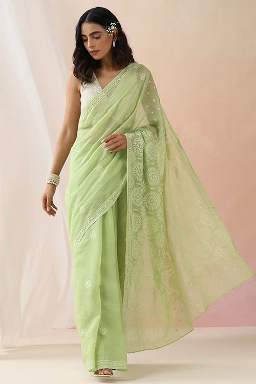 Shwet Women Hand Embroidered Light Green Kota Cotton Chikankari Saree