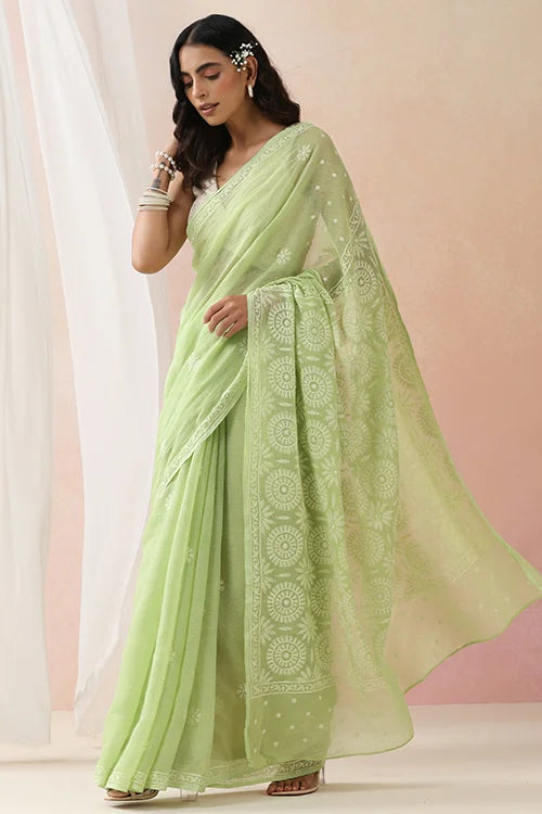 Shwet Women Hand Embroidered Light Green Kota Cotton Chikankari Saree
