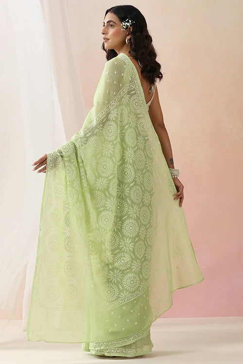 Shwet Women Hand Embroidered Light Green Kota Cotton Chikankari Saree