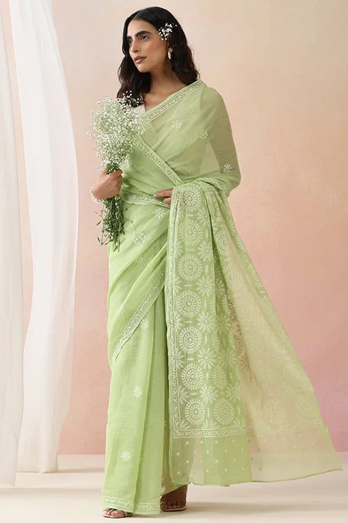 Shwet Women Hand Embroidered Light Green Kota Cotton Chikankari Saree