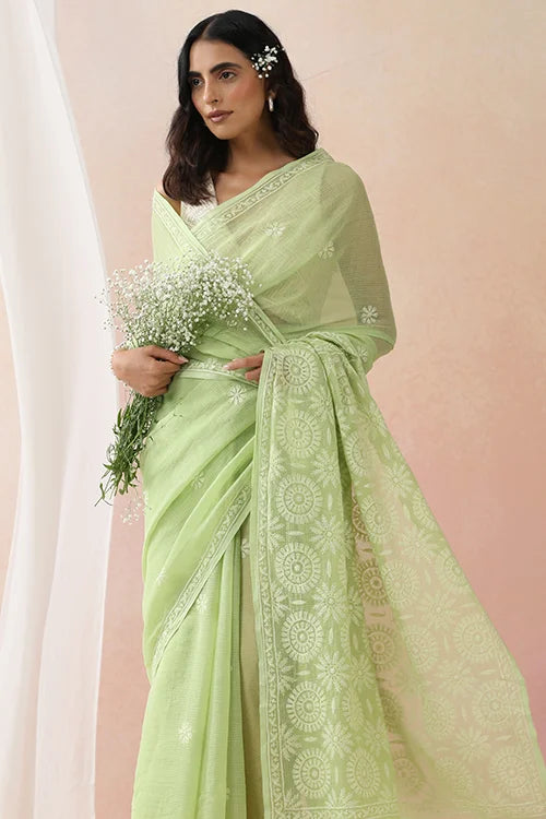 Shwet Women Hand Embroidered Light Green Kota Cotton Chikankari Saree