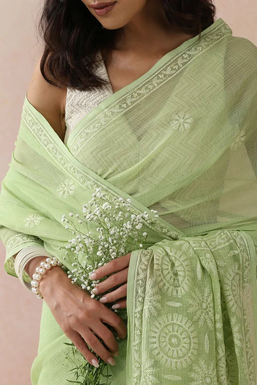 Shwet Women Hand Embroidered Light Green Kota Cotton Chikankari Saree