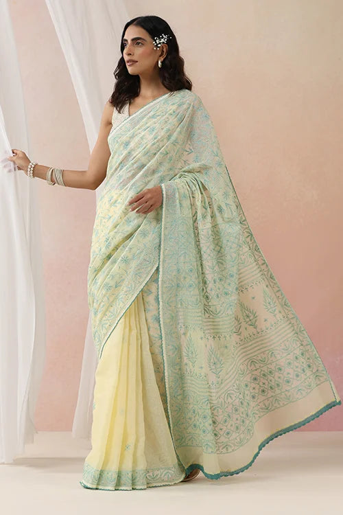 Shwet Women Yellow & Teal  Hand Embroidered Kota Cotton Chikankari Saree