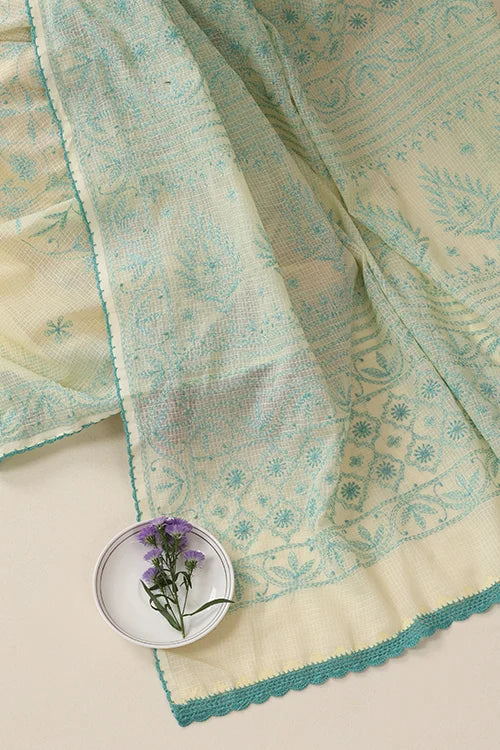 Shwet Women Yellow & Teal  Hand Embroidered Kota Cotton Chikankari Saree