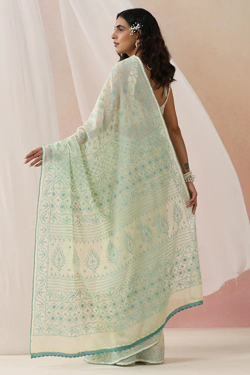 Shwet Women Yellow & Teal  Hand Embroidered Kota Cotton Chikankari Saree