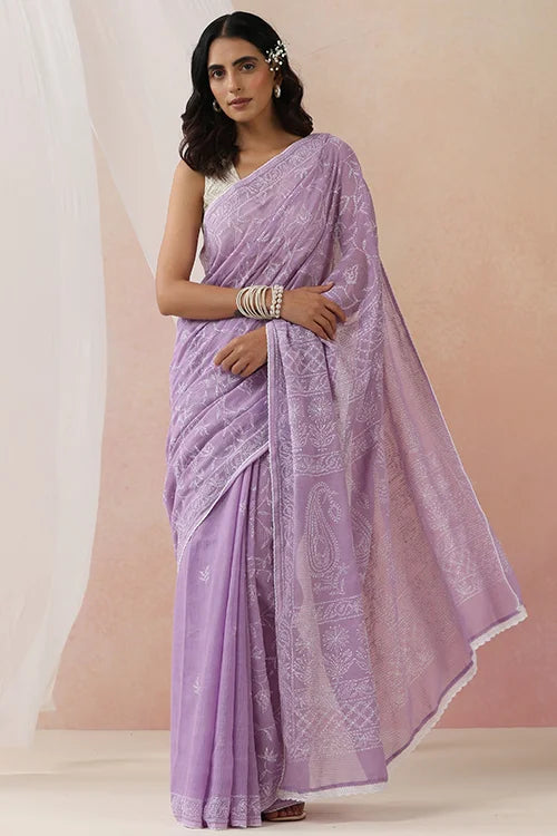 Shwet Women Hand Embroidered Purple Kota Cotton Chikankari Saree