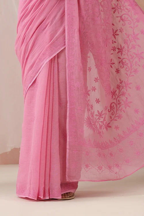 Shwet Women Hand Embroidered Pink Chikankari Kota Cotton Saree