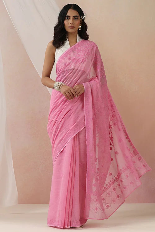 Shwet Women Hand Embroidered Pink Chikankari Kota Cotton Saree