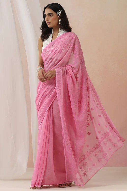Shwet Women Hand Embroidered Pink Chikankari Kota Cotton Saree