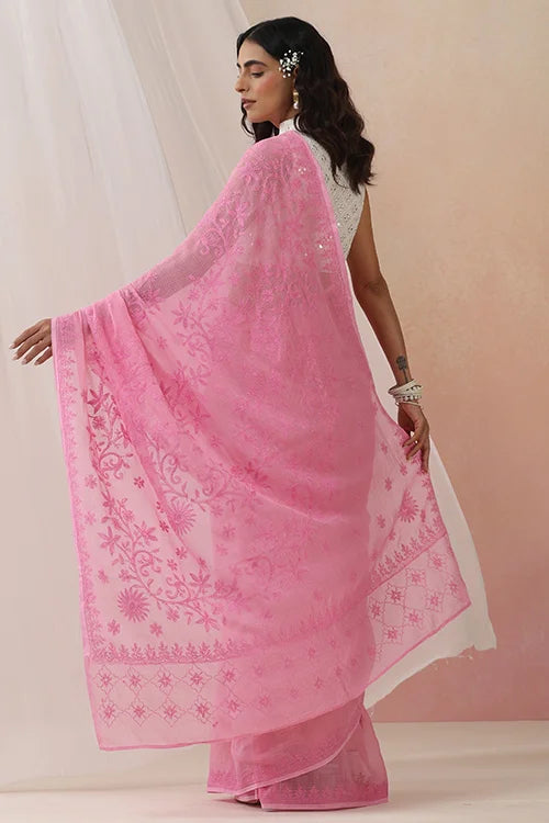 Shwet Women Hand Embroidered Pink Chikankari Kota Cotton Saree