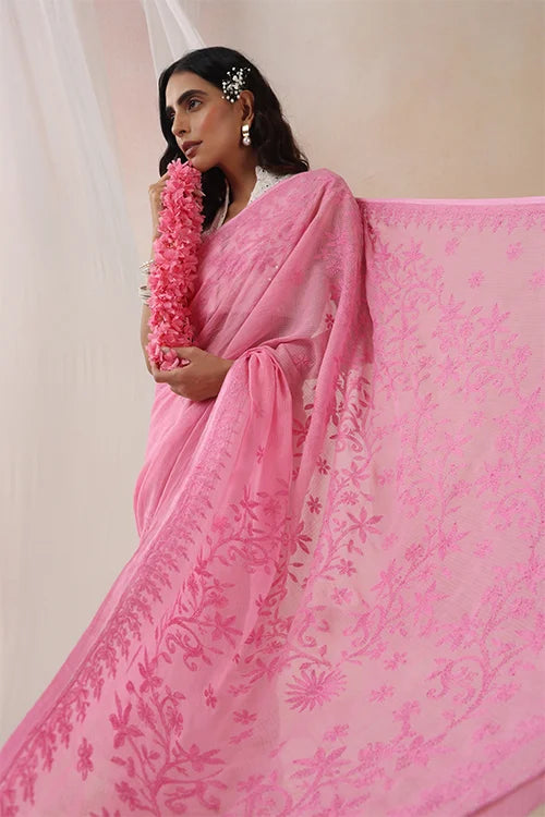 Shwet Women Hand Embroidered Pink Chikankari Kota Cotton Saree