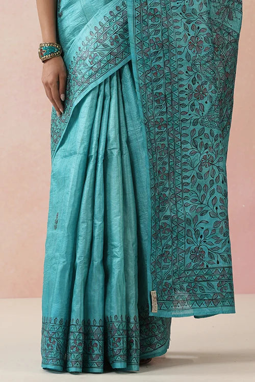 Diorama Designs Madhurima Madhubani Blue Tussar Silk Hand-Painted Saree