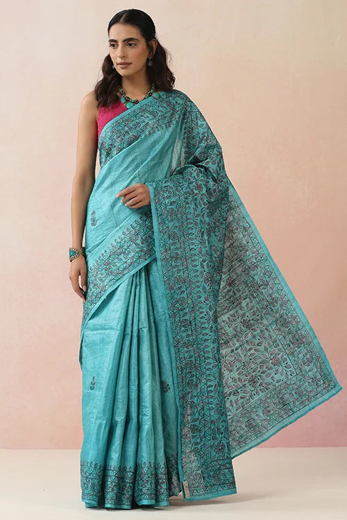 Diorama Designs Madhurima Madhubani Blue Tussar Silk Hand-Painted Saree