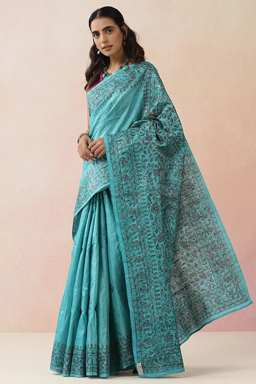 Diorama Designs Madhurima Madhubani Blue Tussar Silk Hand-Painted Saree
