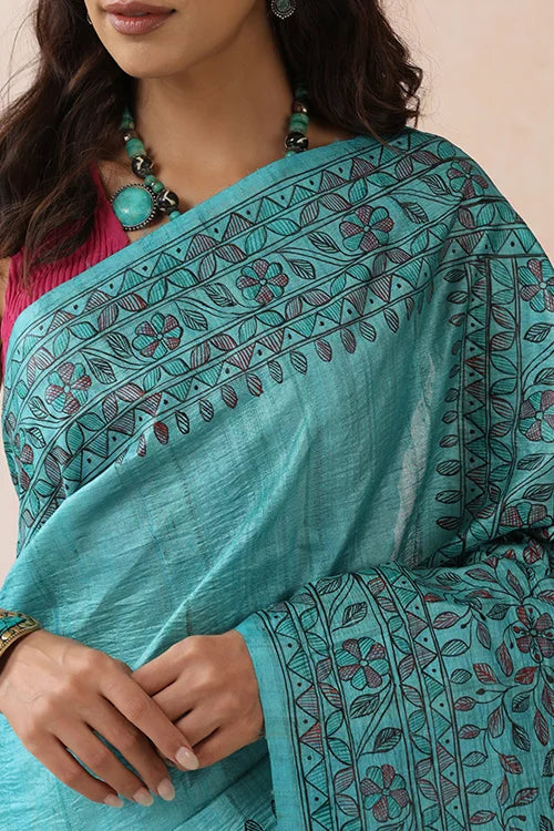 Diorama Designs Madhurima Madhubani Blue Tussar Silk Hand-Painted Saree