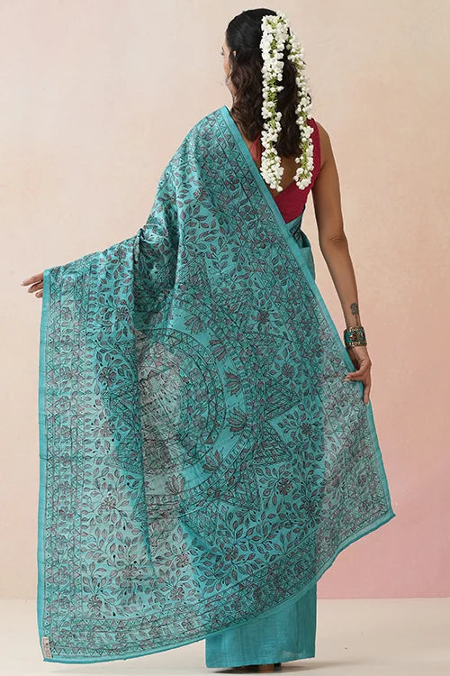 Diorama Designs Madhurima Madhubani Blue Tussar Silk Hand-Painted Saree