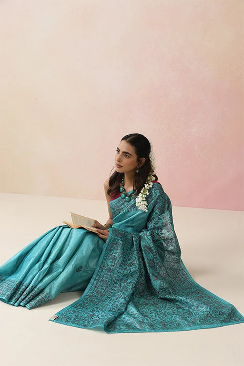 Diorama Designs Madhurima Madhubani Blue Tussar Silk Hand-Painted Saree