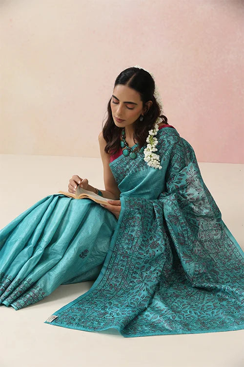 Diorama Designs Madhurima Madhubani Blue Tussar Silk Hand-Painted Saree