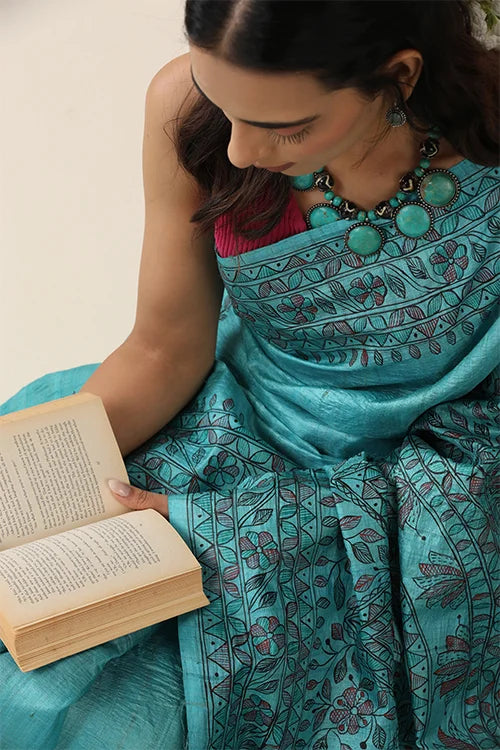 Diorama Designs Madhurima Madhubani Blue Tussar Silk Hand-Painted Saree