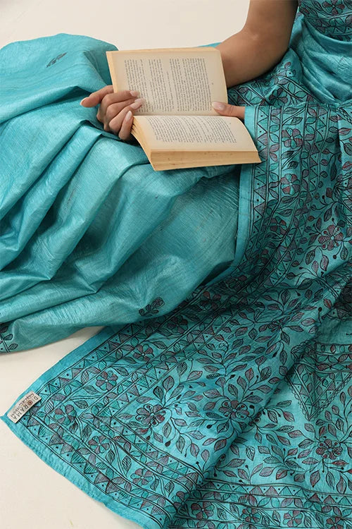 Diorama Designs Madhurima Madhubani Blue Tussar Silk Hand-Painted Saree