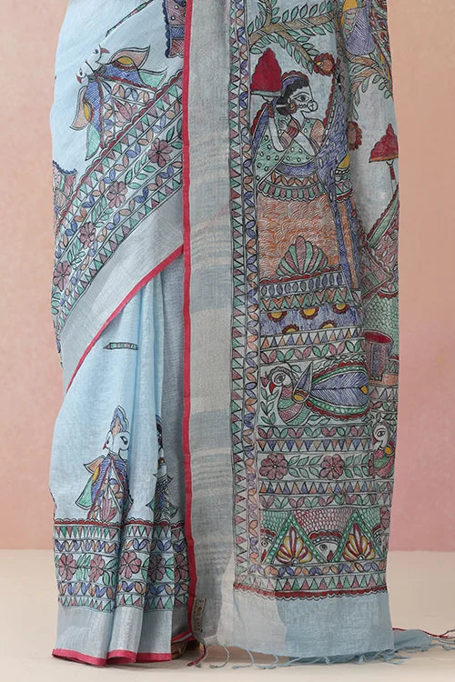 Diorama Designs Madhubani  "Radha Sang Krishna Holi " Hand-Painted Linen Saree