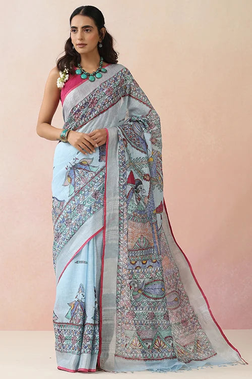 Diorama Designs Madhubani  "Radha Sang Krishna Holi " Hand-Painted Linen Saree