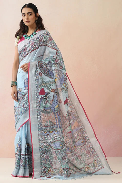 Diorama Designs Madhubani  "Radha Sang Krishna Holi " Hand-Painted Linen Saree