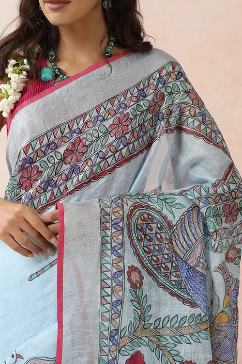 Diorama Designs Madhubani  "Radha Sang Krishna Holi " Hand-Painted Linen Saree