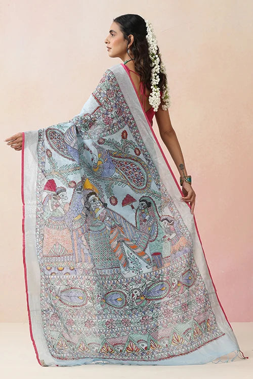 Diorama Designs Madhubani  "Radha Sang Krishna Holi " Hand-Painted Linen Saree