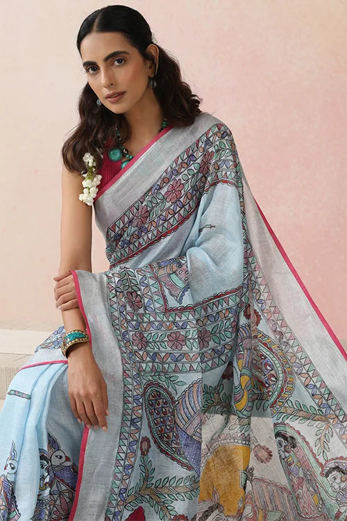 Diorama Designs Madhubani  "Radha Sang Krishna Holi " Hand-Painted Linen Saree