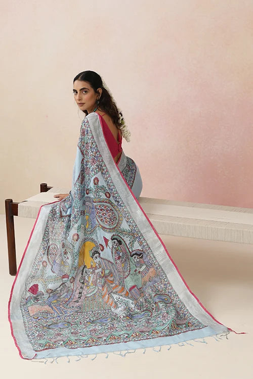 Diorama Designs Madhubani  "Radha Sang Krishna Holi " Hand-Painted Linen Saree