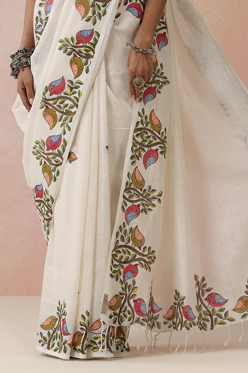 Diorama Designs "Sparrow Song" Handpainted Pure Linen Saree