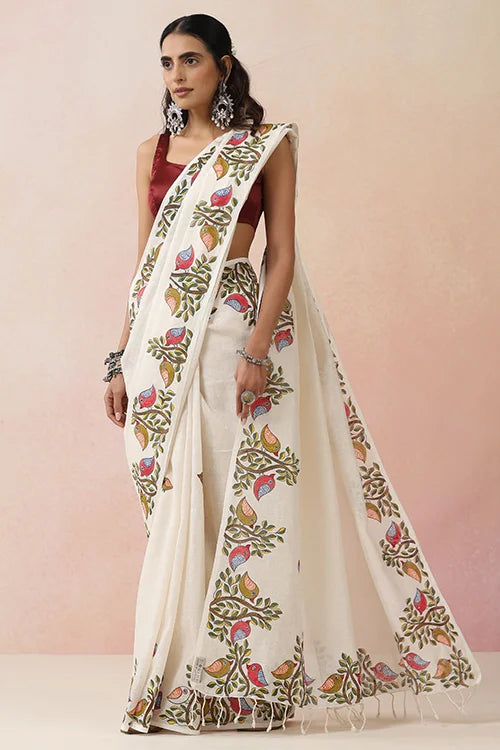 Diorama Designs "Sparrow Song" Handpainted Pure Linen Saree
