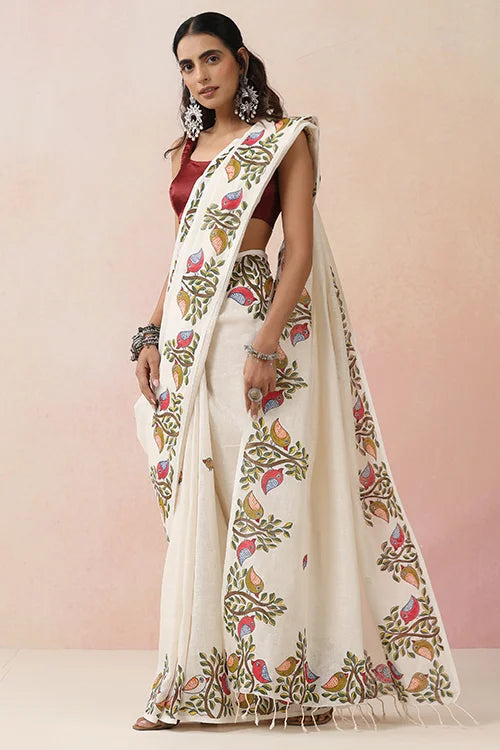 Diorama Designs "Sparrow Song" Handpainted Pure Linen Saree