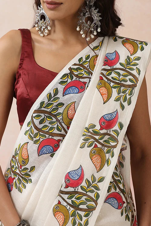 Diorama Designs "Sparrow Song" Handpainted Pure Linen Saree