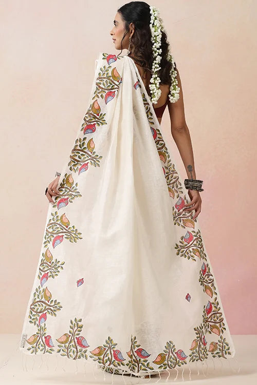 Diorama Designs "Sparrow Song" Handpainted Pure Linen Saree