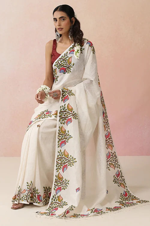 Diorama Designs "Sparrow Song" Handpainted Pure Linen Saree