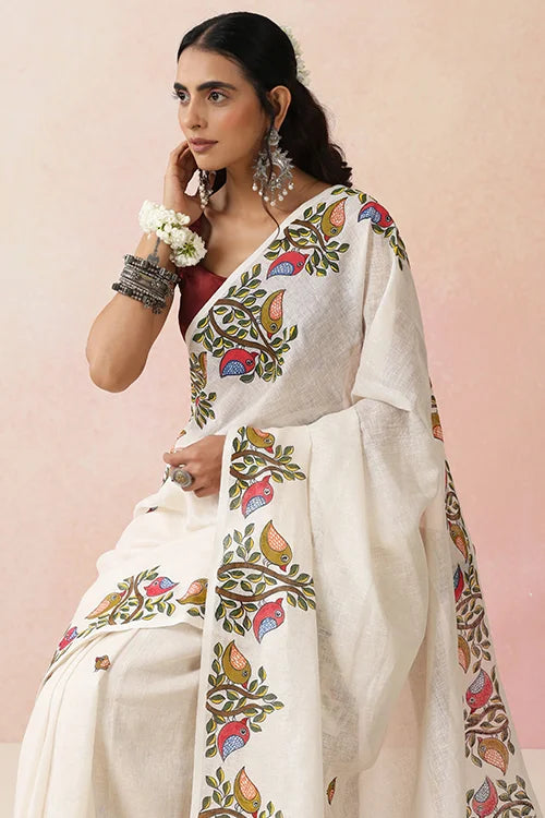Diorama Designs "Sparrow Song" Handpainted Pure Linen Saree