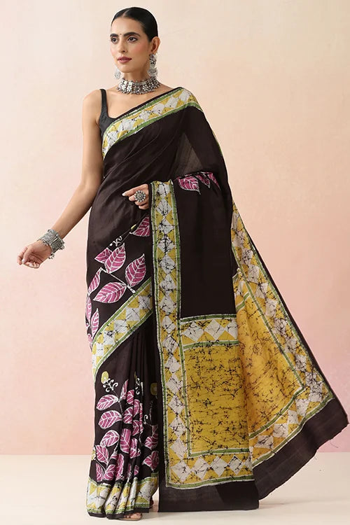 GC 'Bloom' Handwoven Hand Batik Pure Silk with SilkMark Black Saree