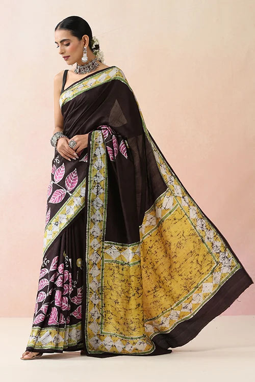 GC 'Bloom' Handwoven Hand Batik Pure Silk with SilkMark Black Saree