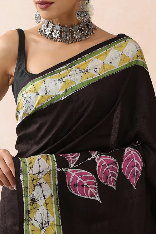 GC 'Bloom' Handwoven Hand Batik Pure Silk with SilkMark Black Saree