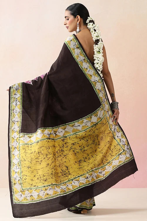 GC 'Bloom' Handwoven Hand Batik Pure Silk with SilkMark Black Saree