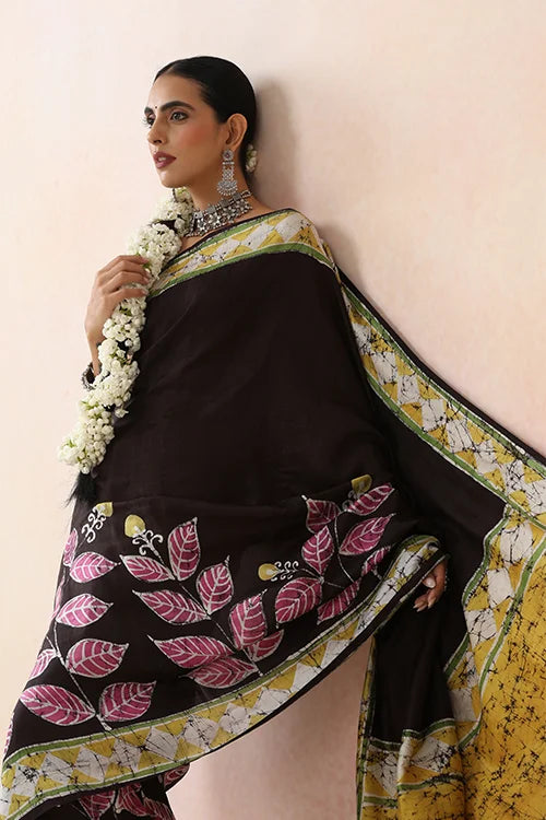 GC 'Bloom' Handwoven Hand Batik Pure Silk with SilkMark Black Saree