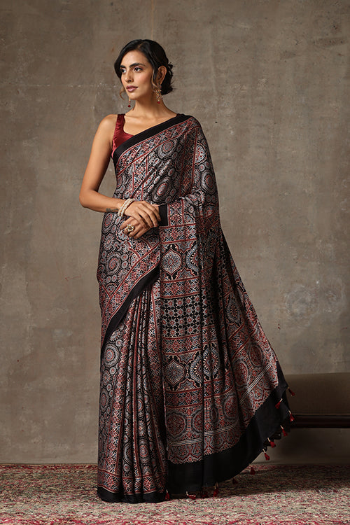 TENAARO  Ajrakh Hand Block Printed Modal Silk Saree (Black26)