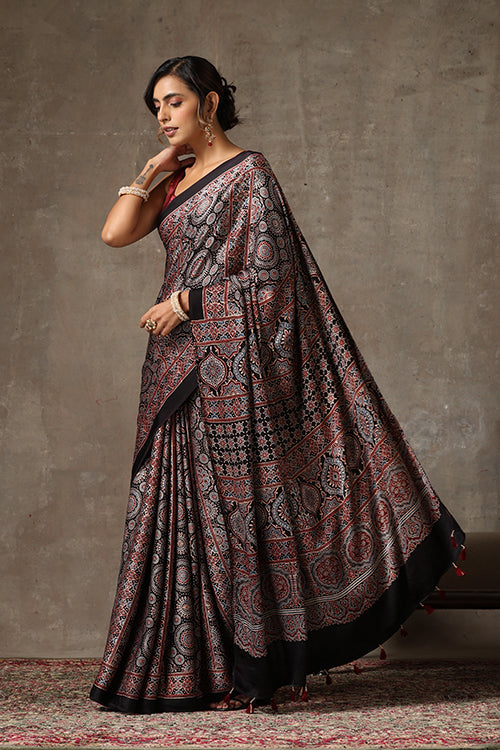 TENAARO  Ajrakh Hand Block Printed Modal Silk Saree (Black26)
