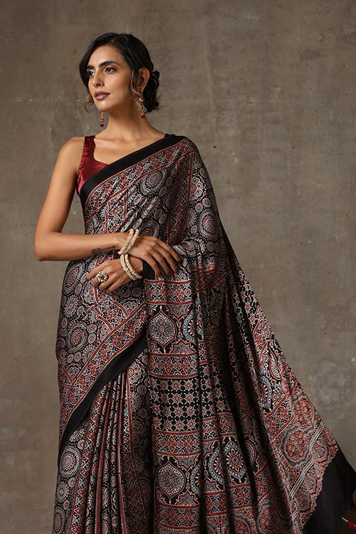 TENAARO  Ajrakh Hand Block Printed Modal Silk Saree (Black26)